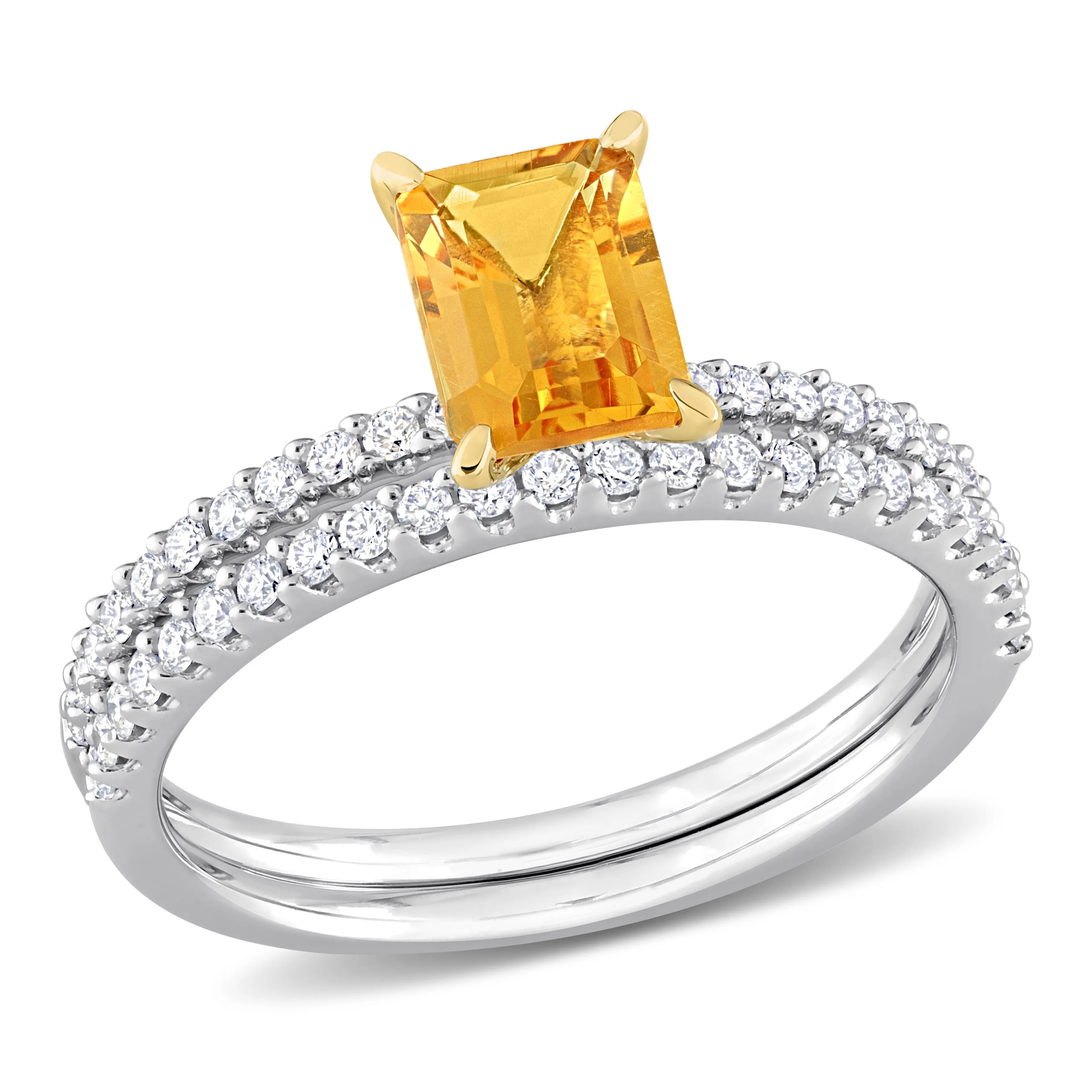 1 1/8 CT TGW Octagon Citrine and 3/8 CT TW Diamond Bridal Ring Set in 14k 2-Tone White and Yellow Gold