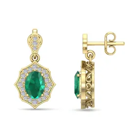 1 3/4 Carat Oval Shape Emerald And Diamond Dangle Earrings In 14 Karat Yellow Gold