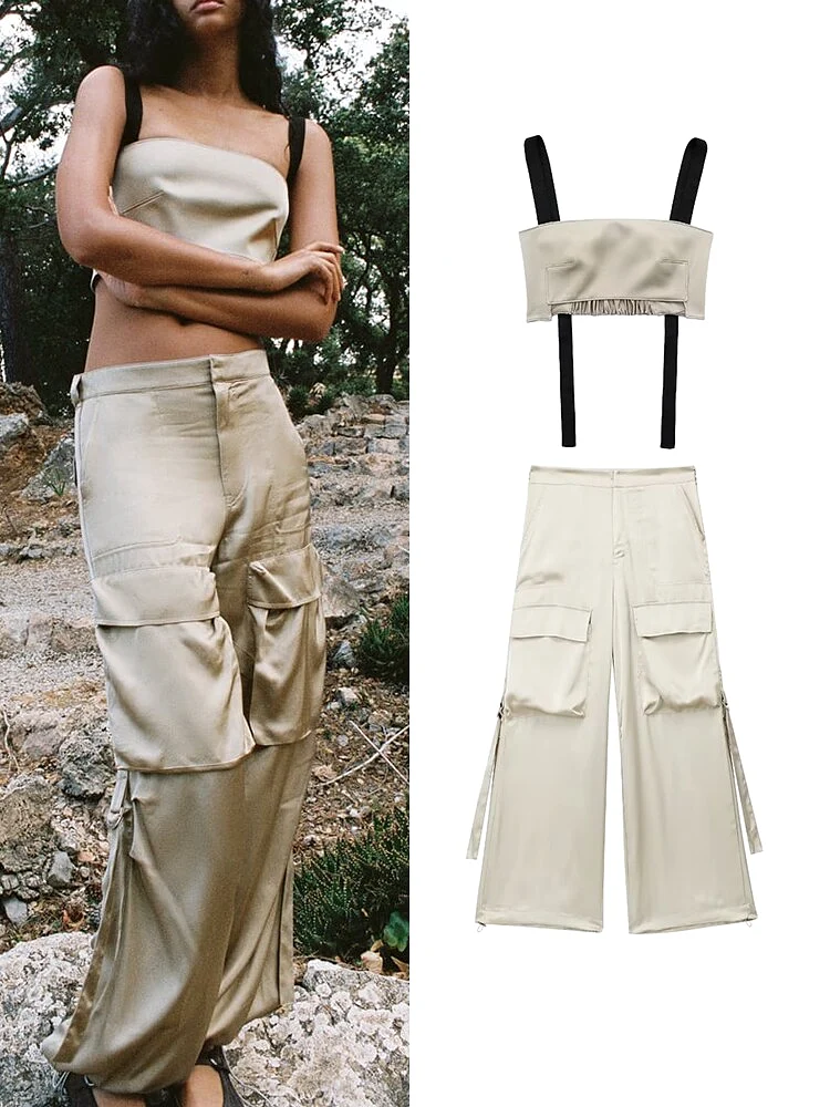 2023 New Women 2 Pieces Cargo Pants Sets Spring Summer Female Fashion Loose Trousers And Short Tops Casual Haren Pants