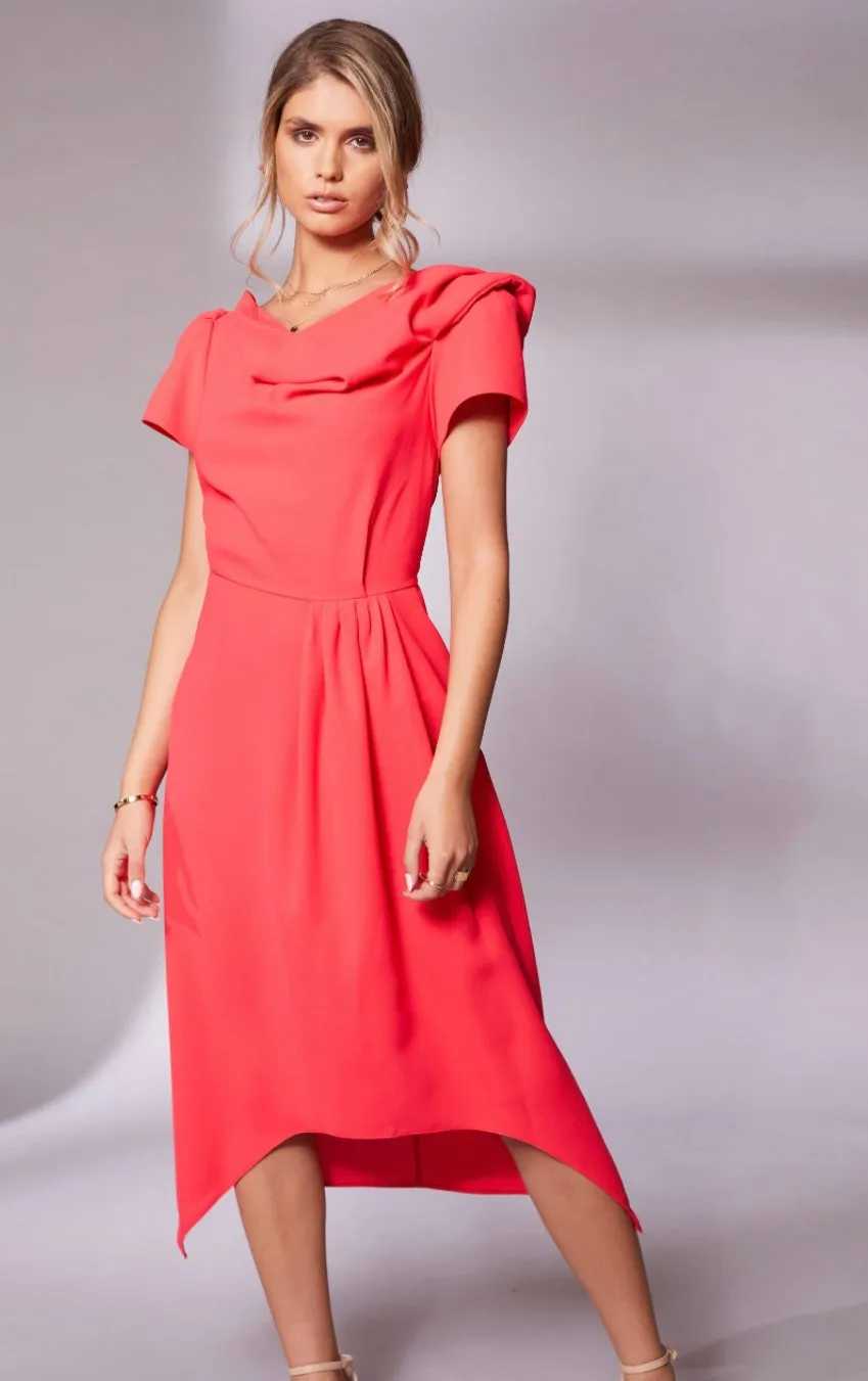 24112- Kate Cooper Drape Neck Dress w/ Pleat Waist- Chilli