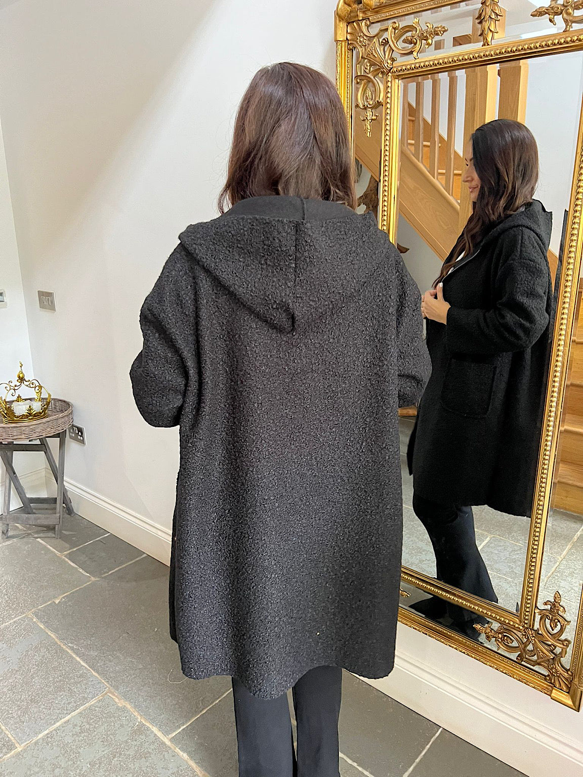 Black Boucle Double Pocket Coat Sharon