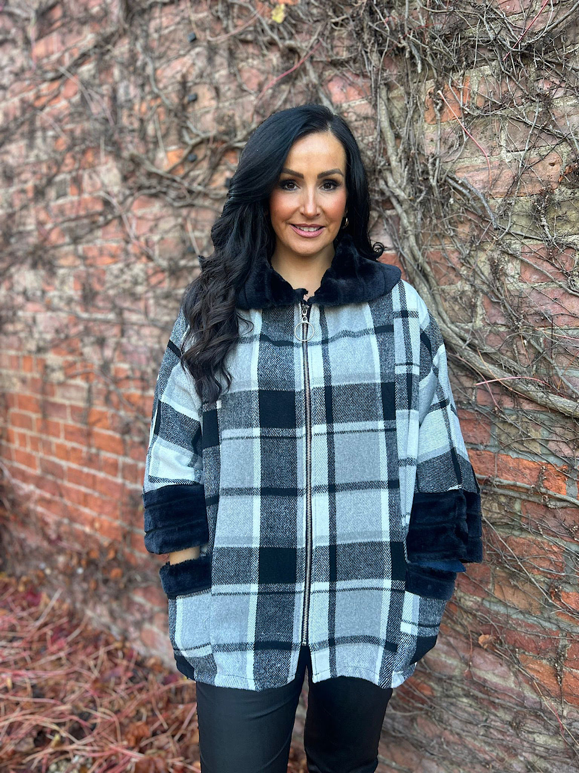 Black Faux Fur Checked Jacket Devon