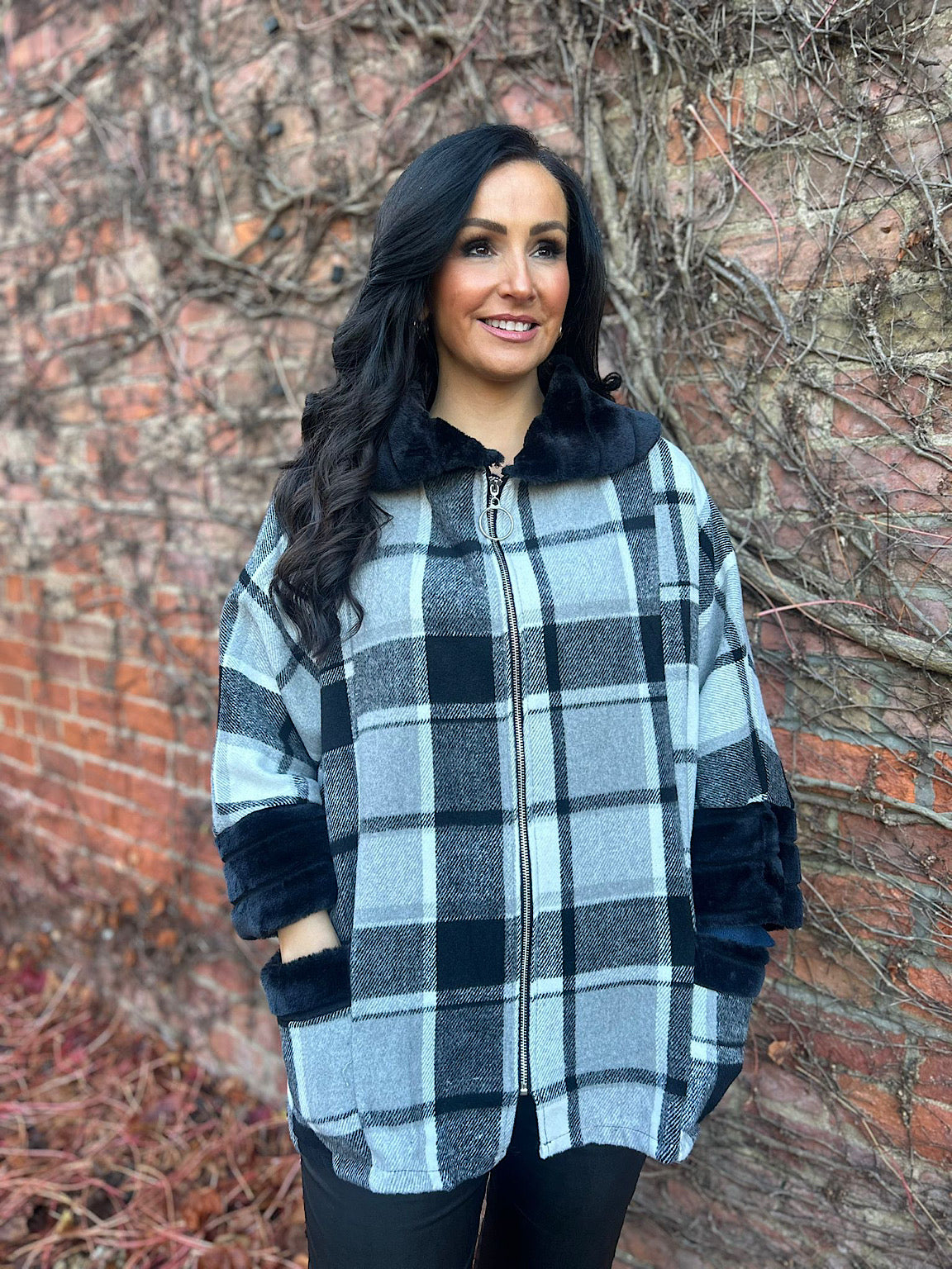 Black Faux Fur Checked Jacket Devon