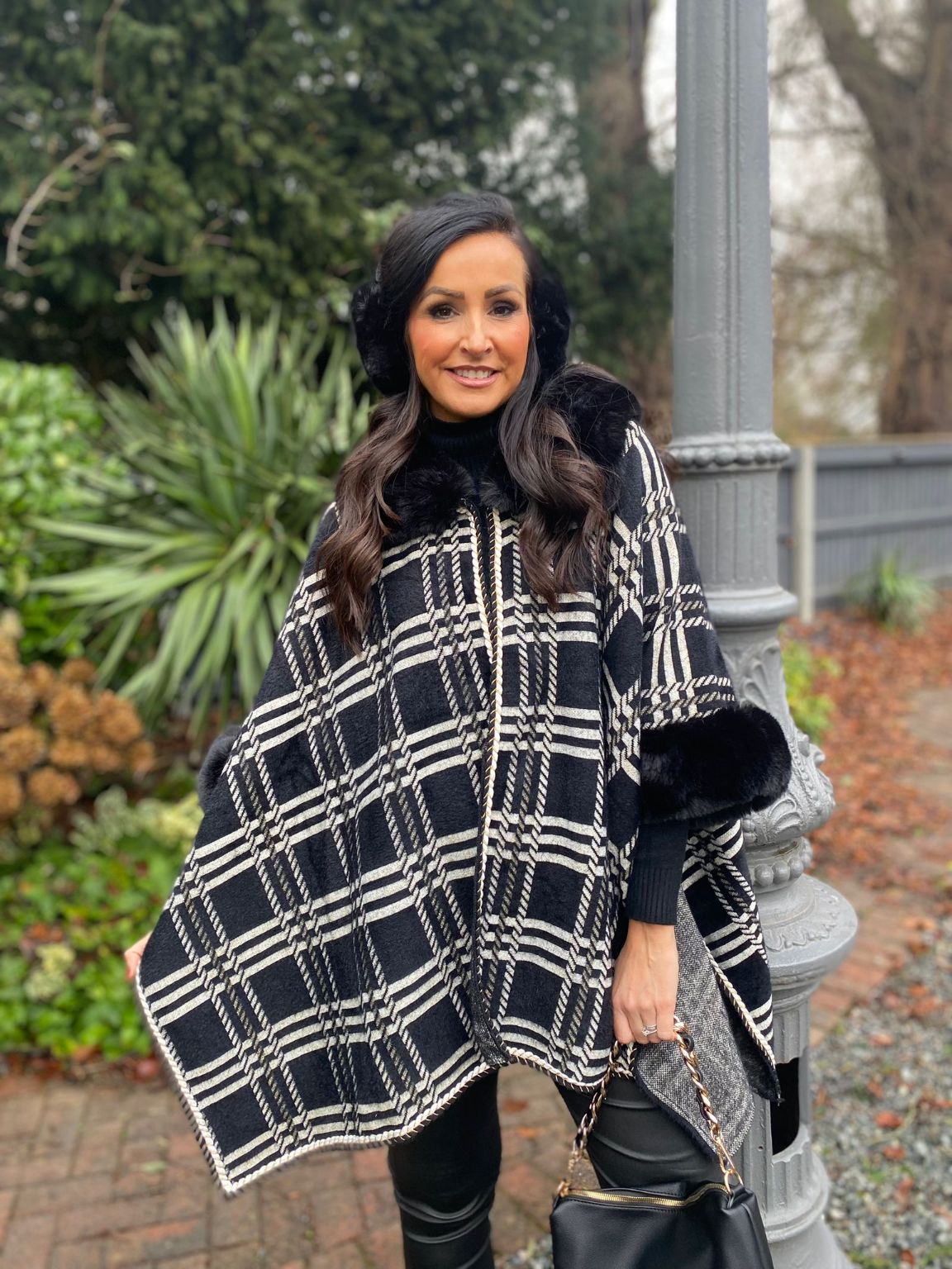 Black Faux Fur Checked Jacket Dora