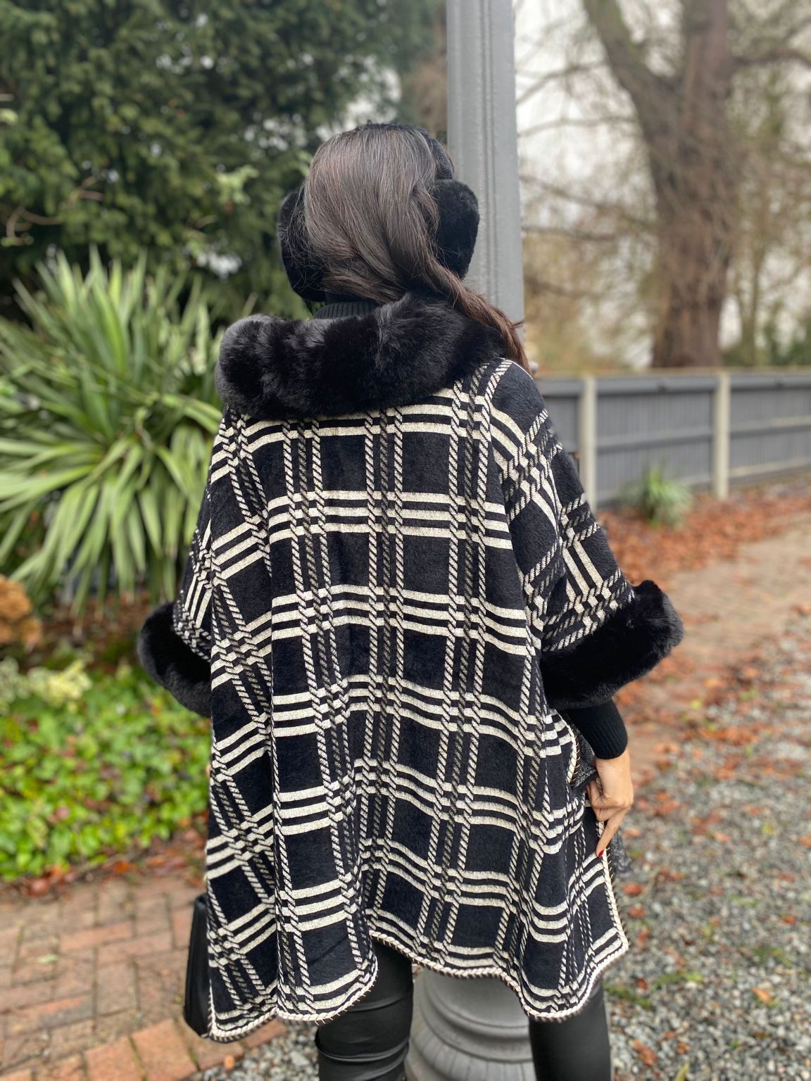 Black Faux Fur Checked Jacket Dora