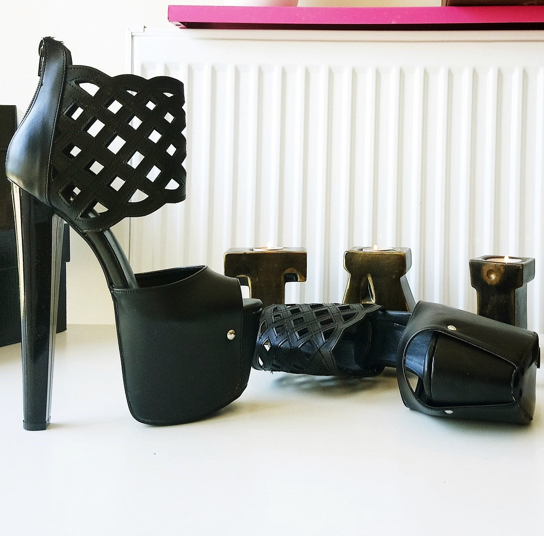 Black Laser Ankle High Heel Platform Shoes