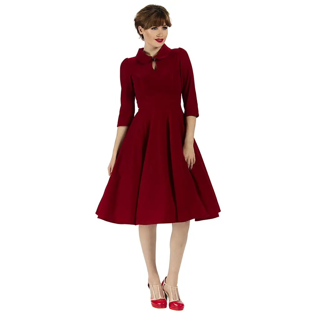 Burgundy Red Vintage Velvet 3/4 Sleeve Dress