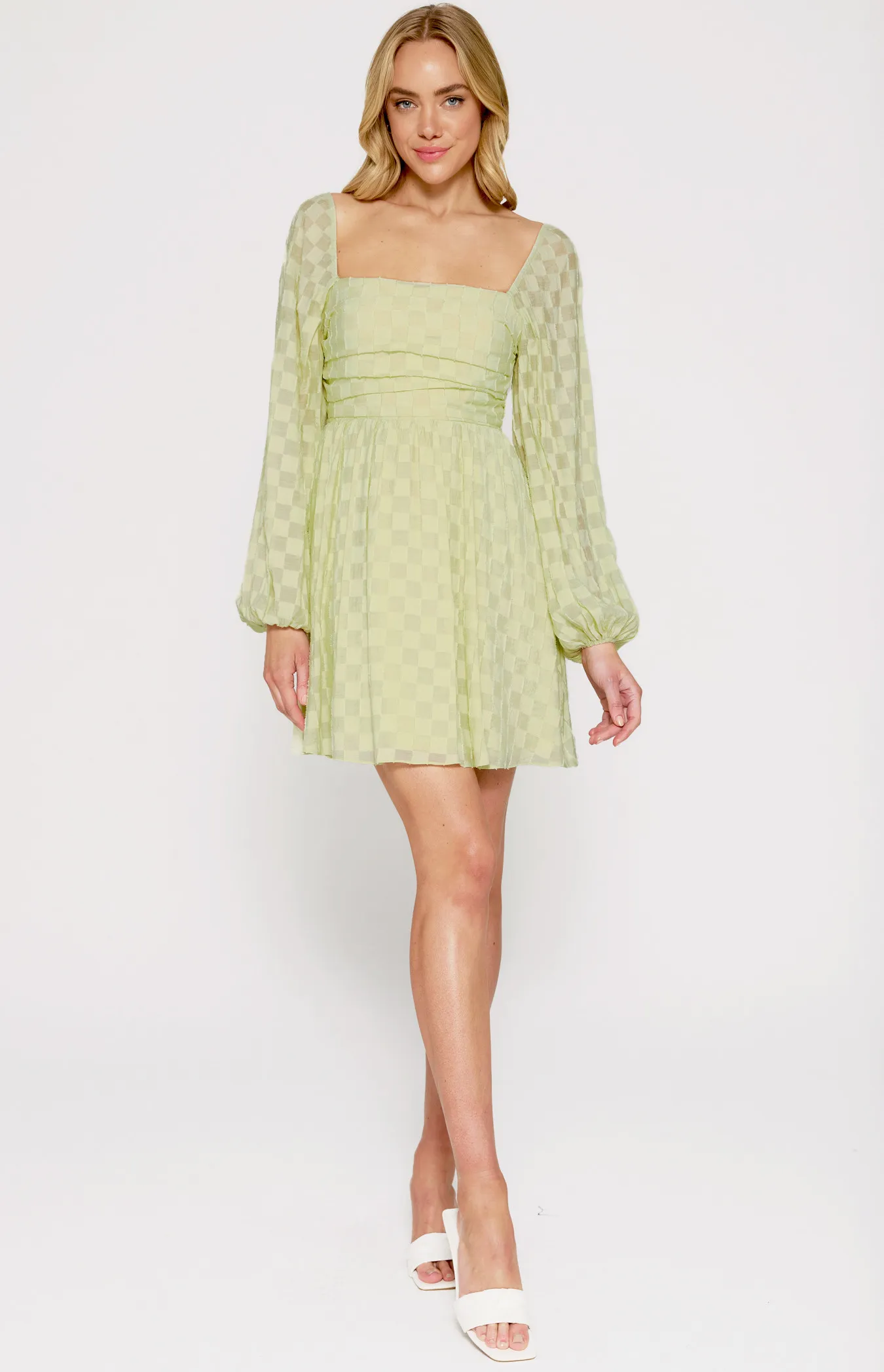 Checkered Textured Dress with Pleated Front Details (WDR594A)