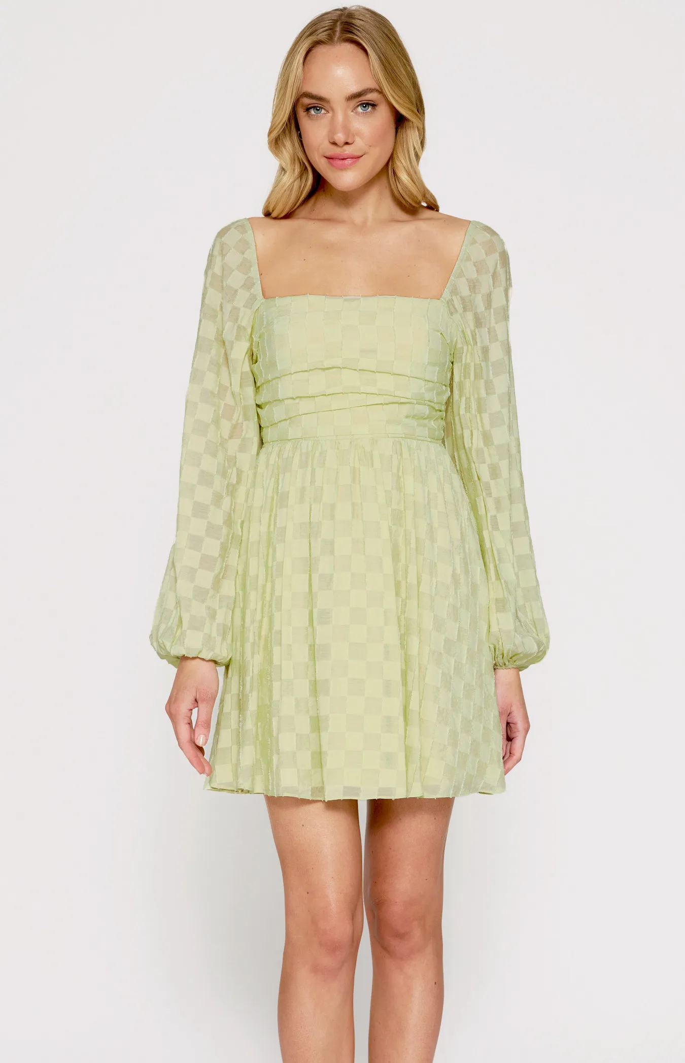 Checkered Textured Dress with Pleated Front Details (WDR594A)