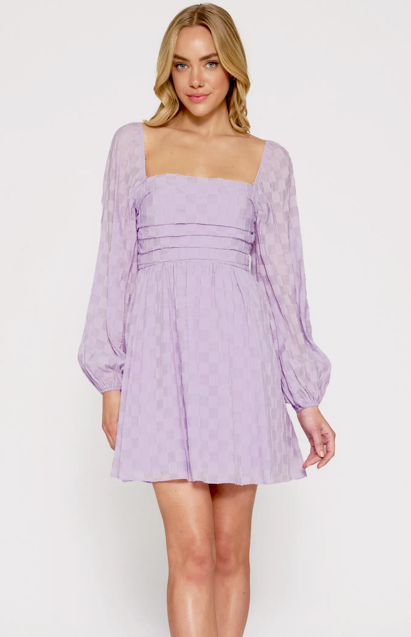 Checkered Textured Dress with Pleated Front Details (WDR594A)