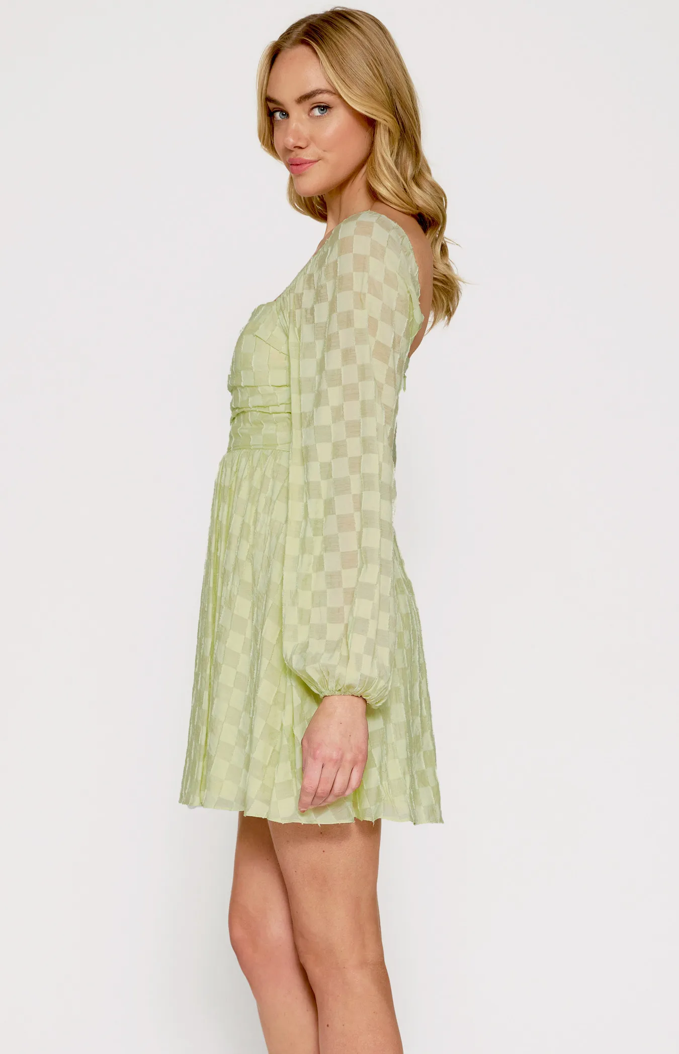 Checkered Textured Dress with Pleated Front Details (WDR594A)