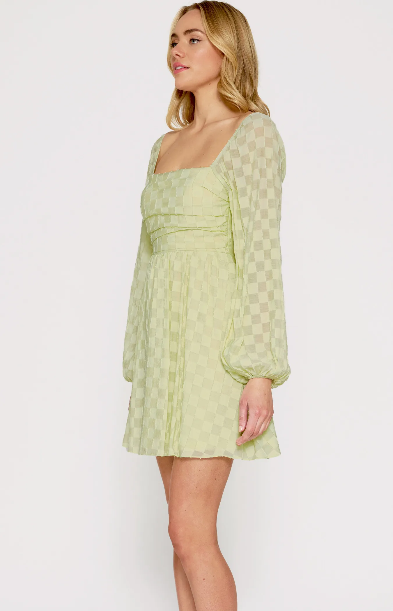 Checkered Textured Dress with Pleated Front Details (WDR594A)