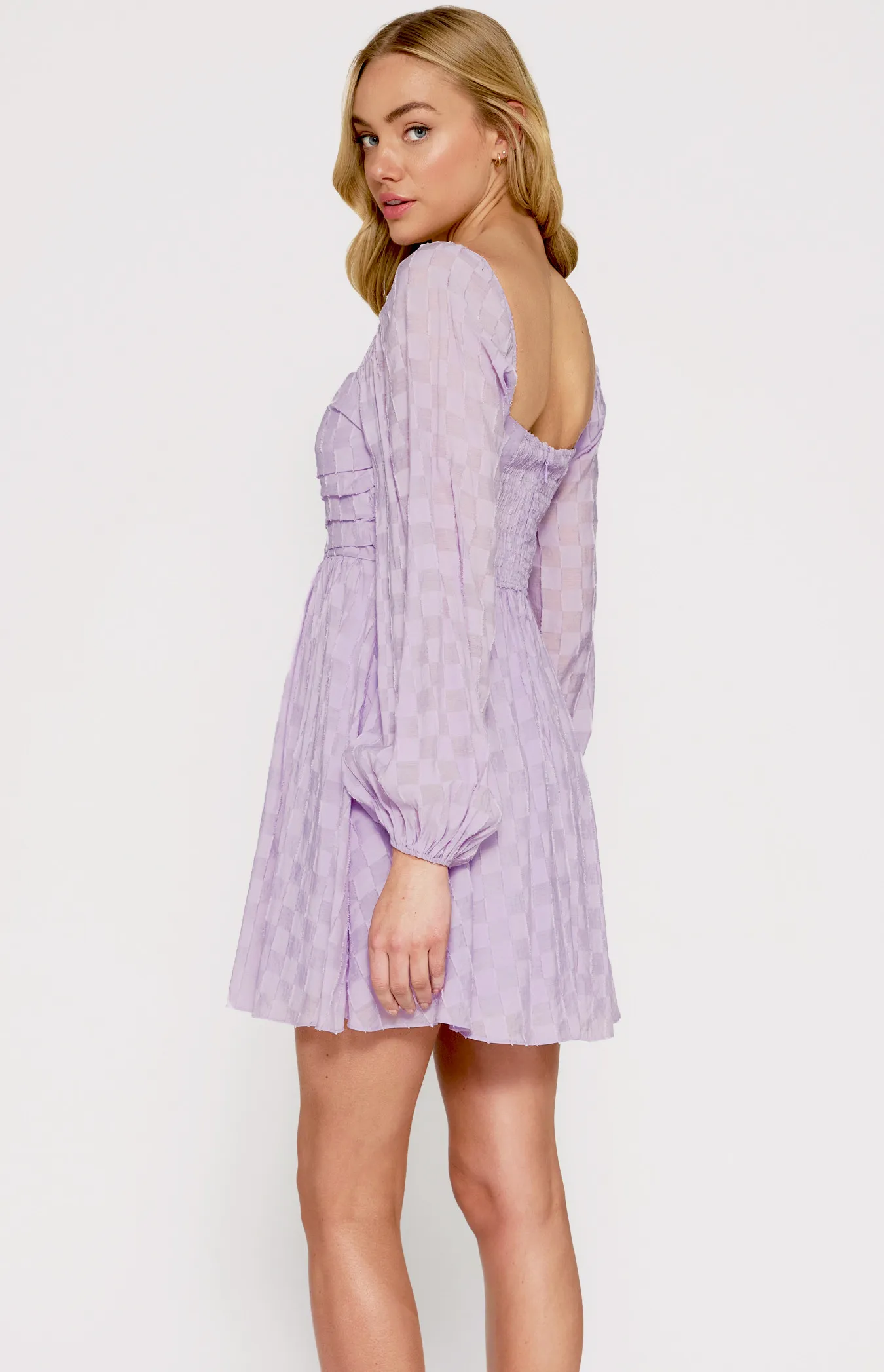 Checkered Textured Dress with Pleated Front Details (WDR594A)