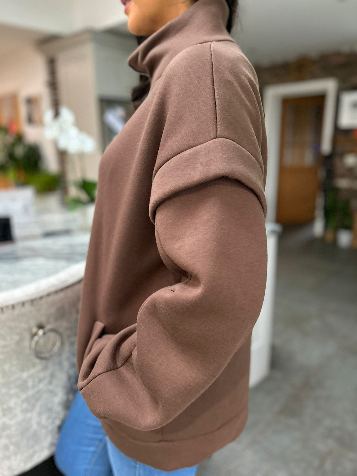 Chocolate Ruched Sleeve Jacket Tess