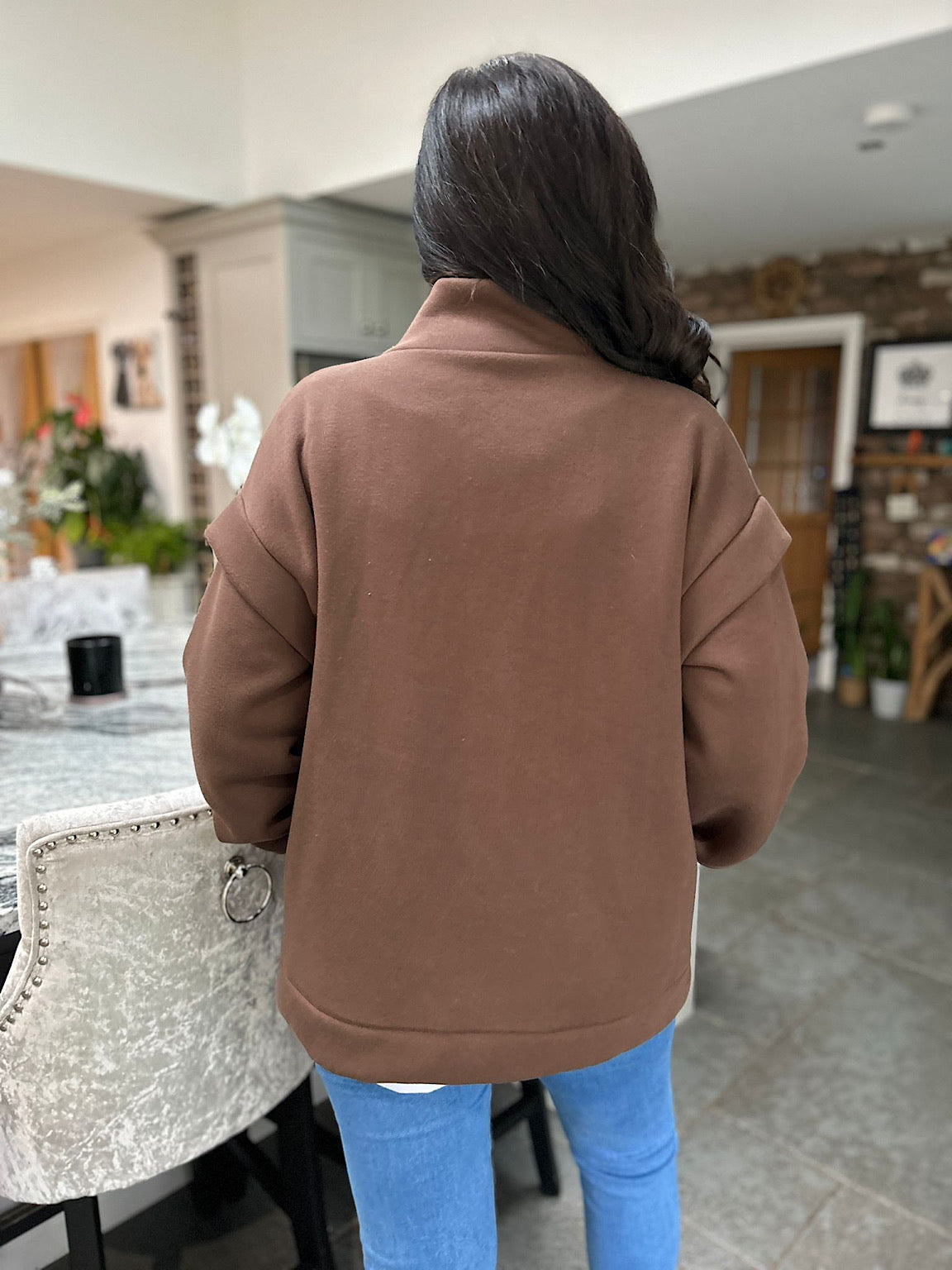 Chocolate Ruched Sleeve Jacket Tess