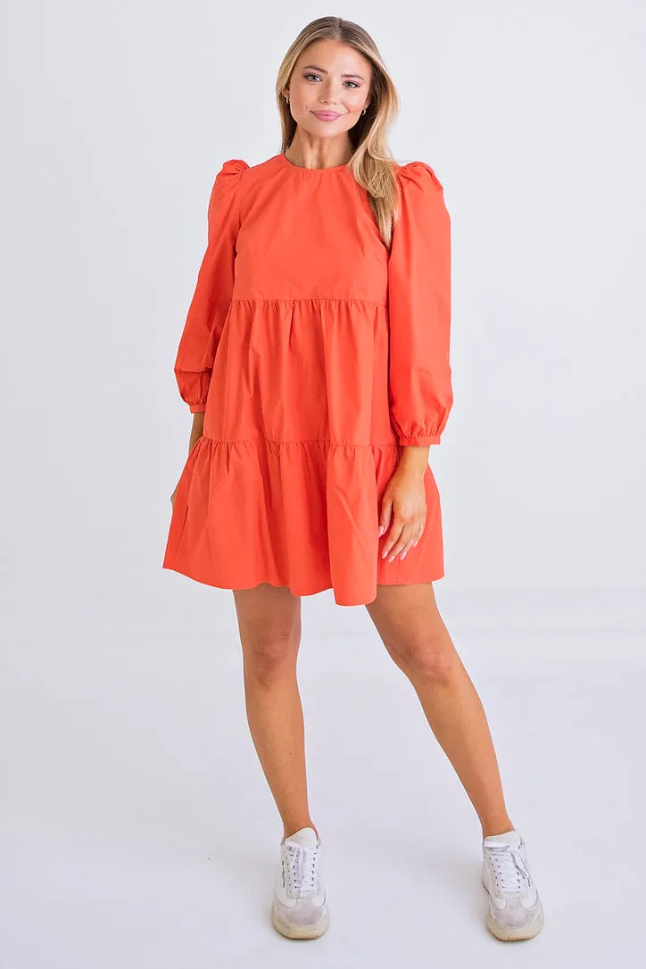 Coral Poplin Long Sleeve Dress