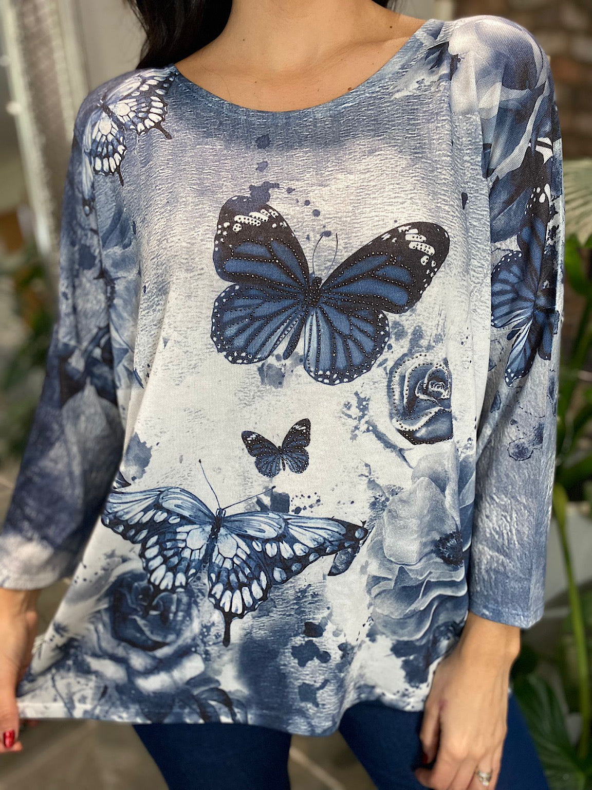 Denim Butterfly Print Top Polly