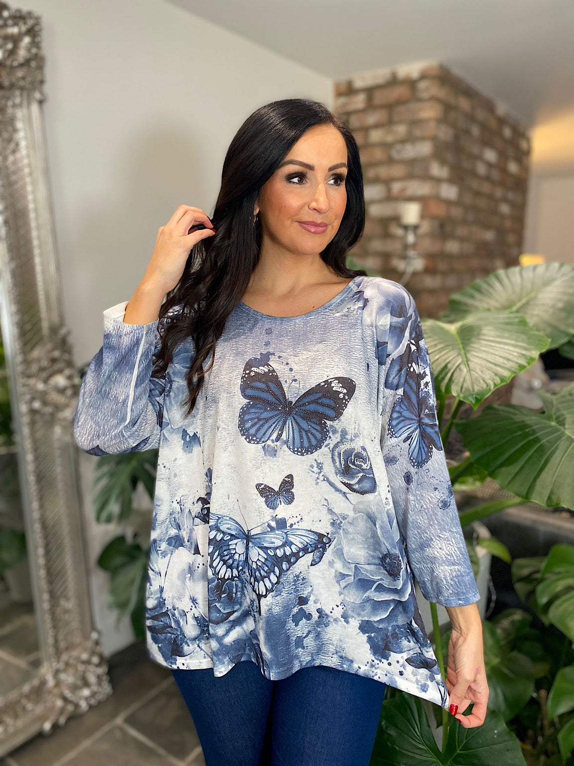 Denim Butterfly Print Top Polly