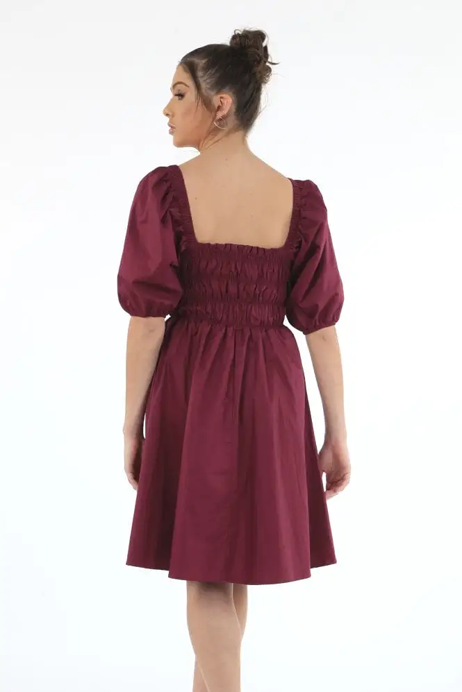 Double Second Wine Ruched Puff Sleeve Dress