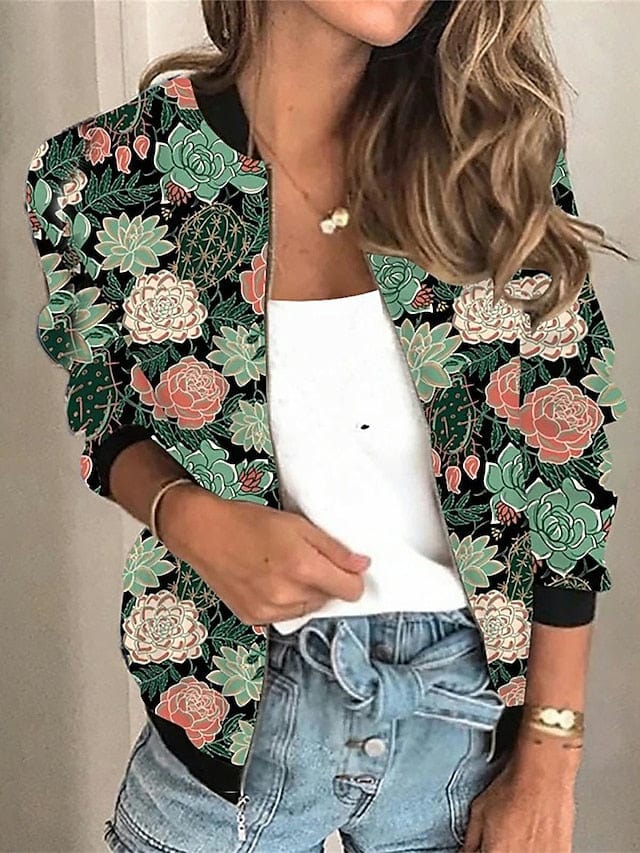 Elegant Floral Pattern Women's Bomber Jacket for Stylish Outdoor Comfort