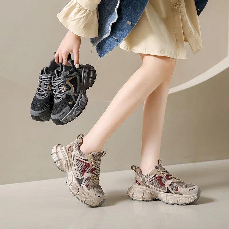 F16 Women's Casual Shoes - Leather Chunky Sneakers With Thick Bottom