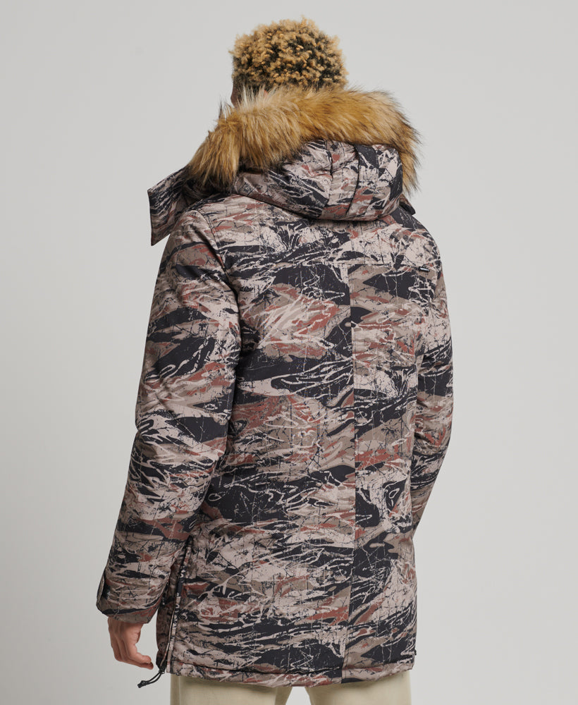 Faux Fur Hooded Everest Parka Jacket | Washed Khaki Print