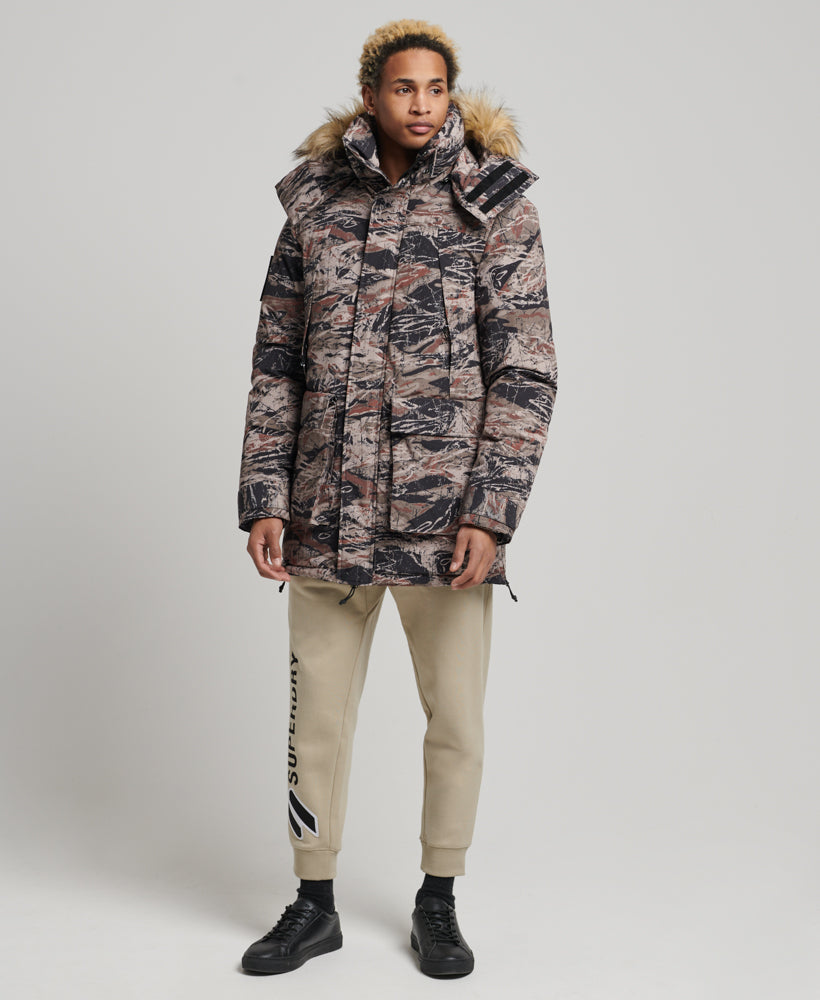 Faux Fur Hooded Everest Parka Jacket | Washed Khaki Print