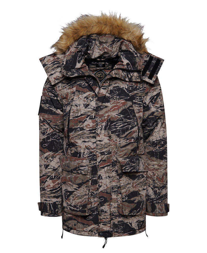 Faux Fur Hooded Everest Parka Jacket | Washed Khaki Print