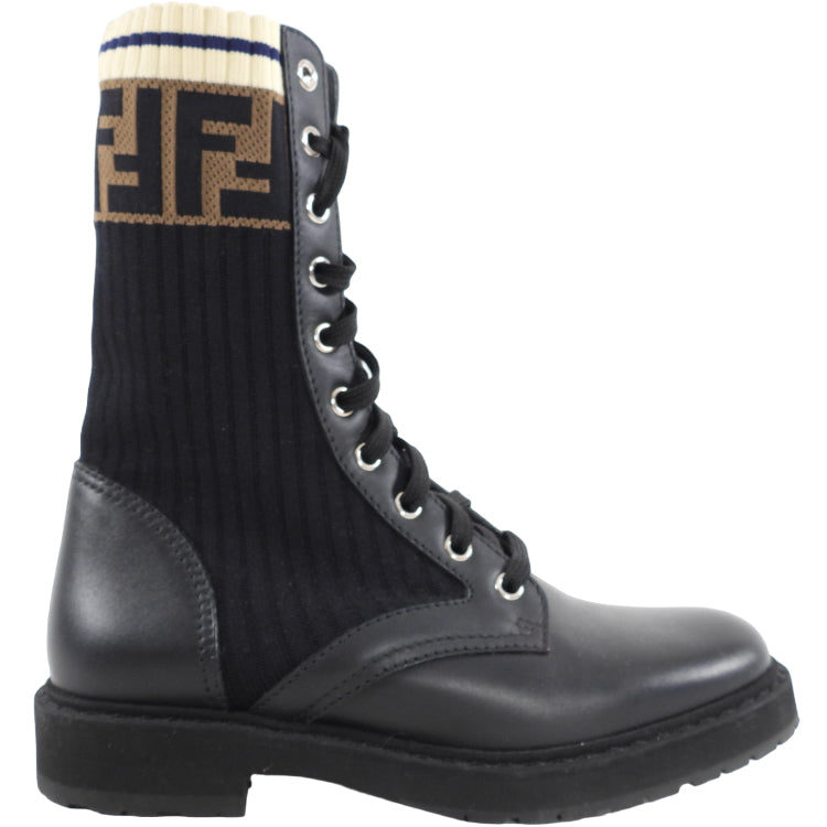 Fendi Black Leather Lace Up Ankle Boots with Zucca Trim - 36