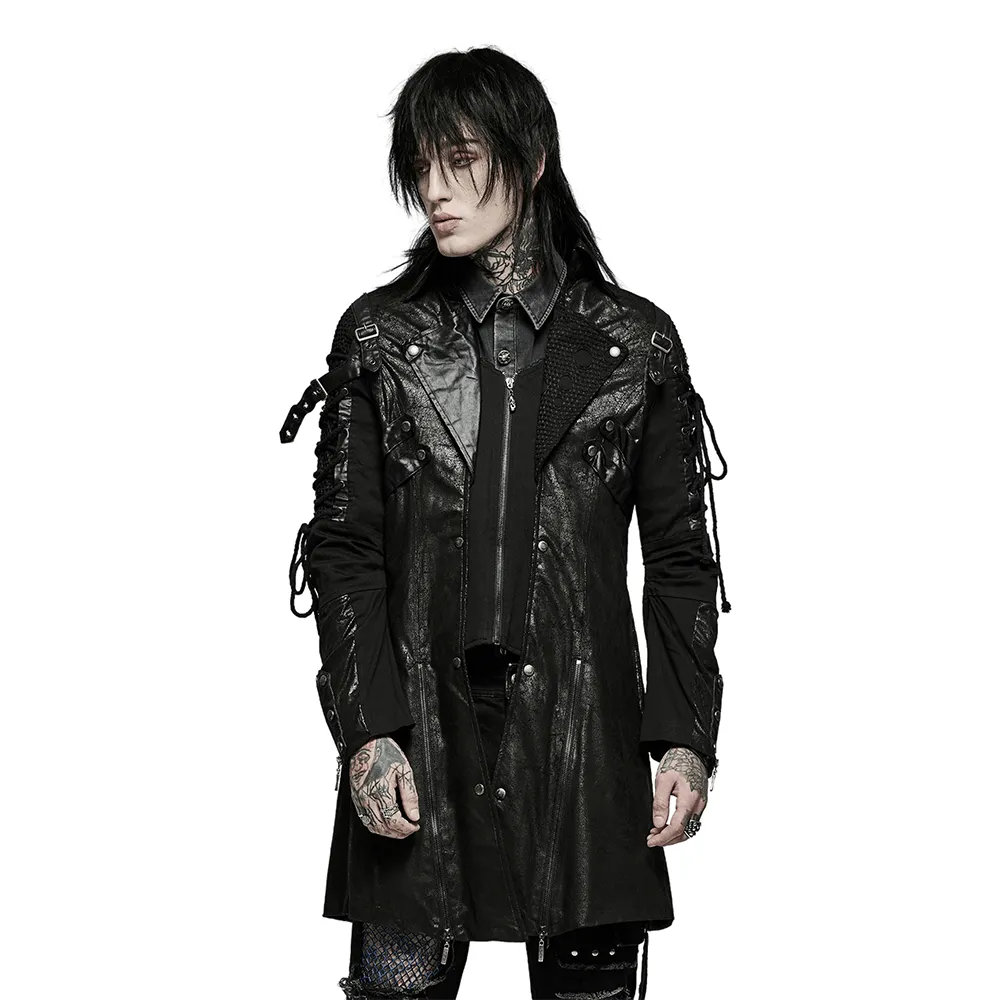 Gothic Trench Coat with Lacing and Zip Detail for Men