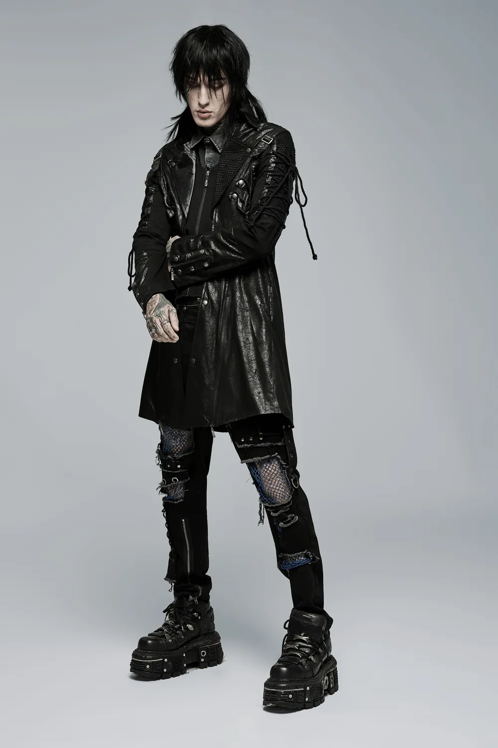 Gothic Trench Coat with Lacing and Zip Detail for Men