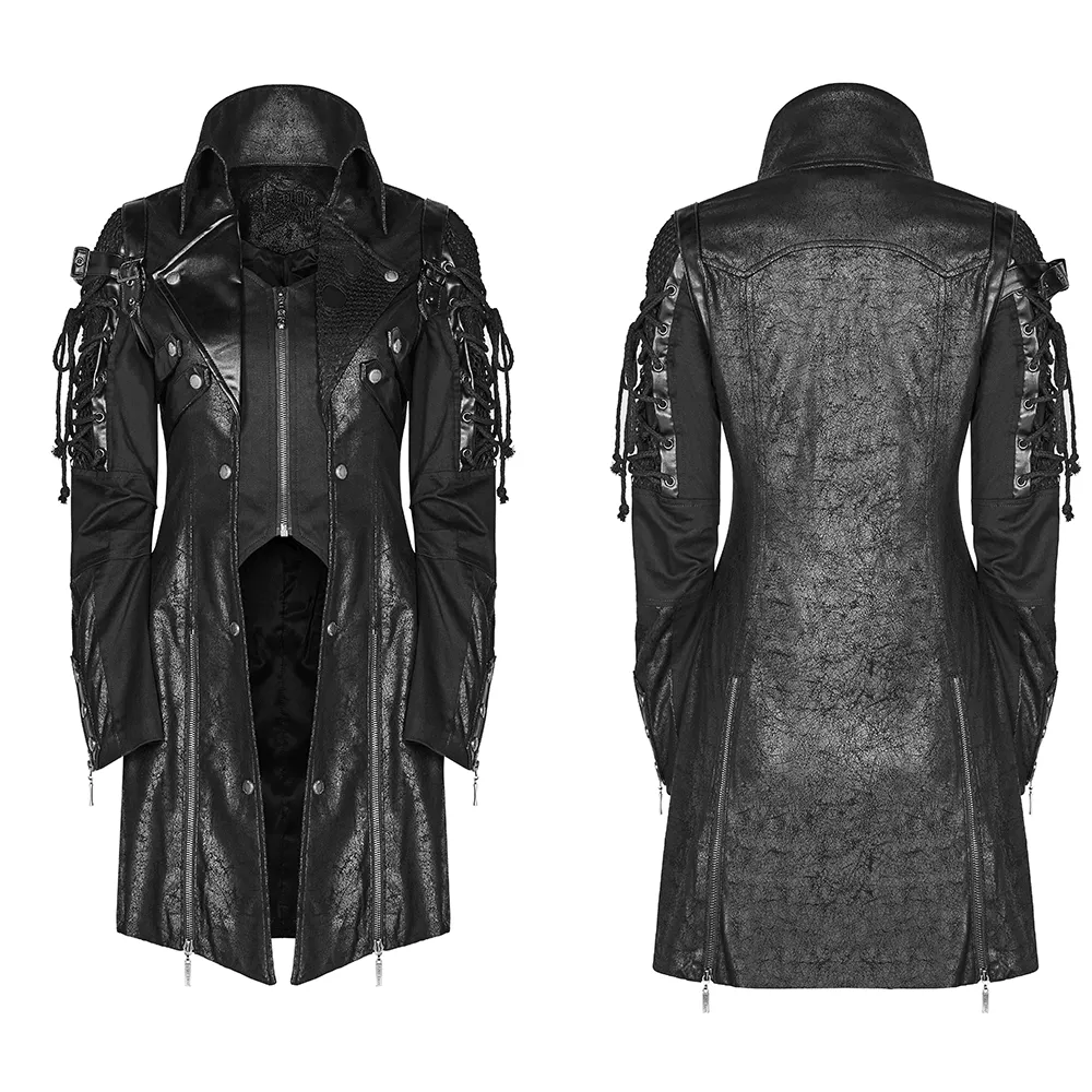 Gothic Trench Coat with Lacing and Zip Detail for Men