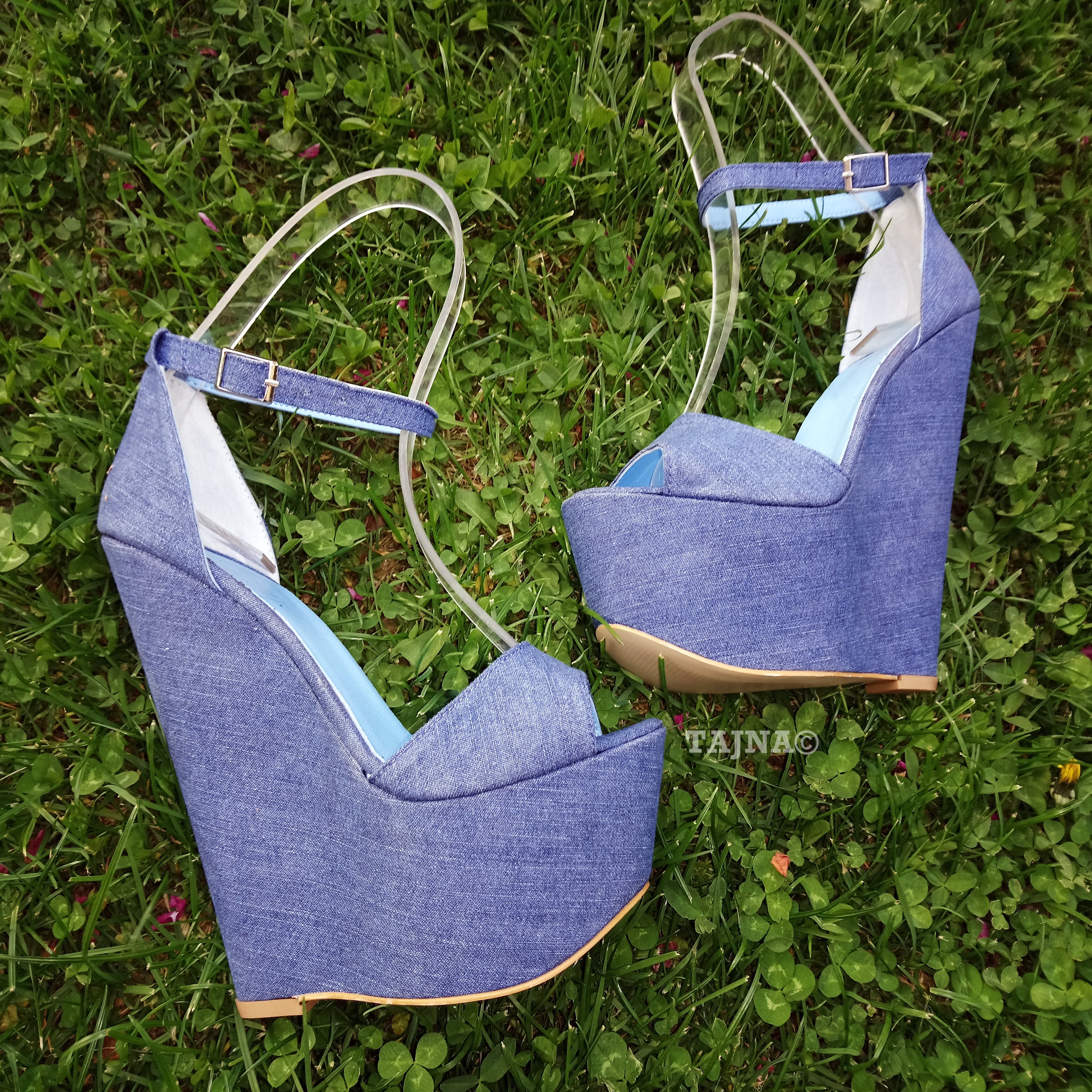 Jean Denim  High Heel Ankle Strap Wedge Shoes