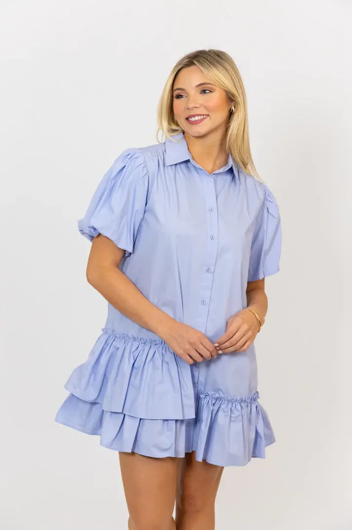 Karlie Solid Poplin Ruffle Bottom Puff Sleeve Dress