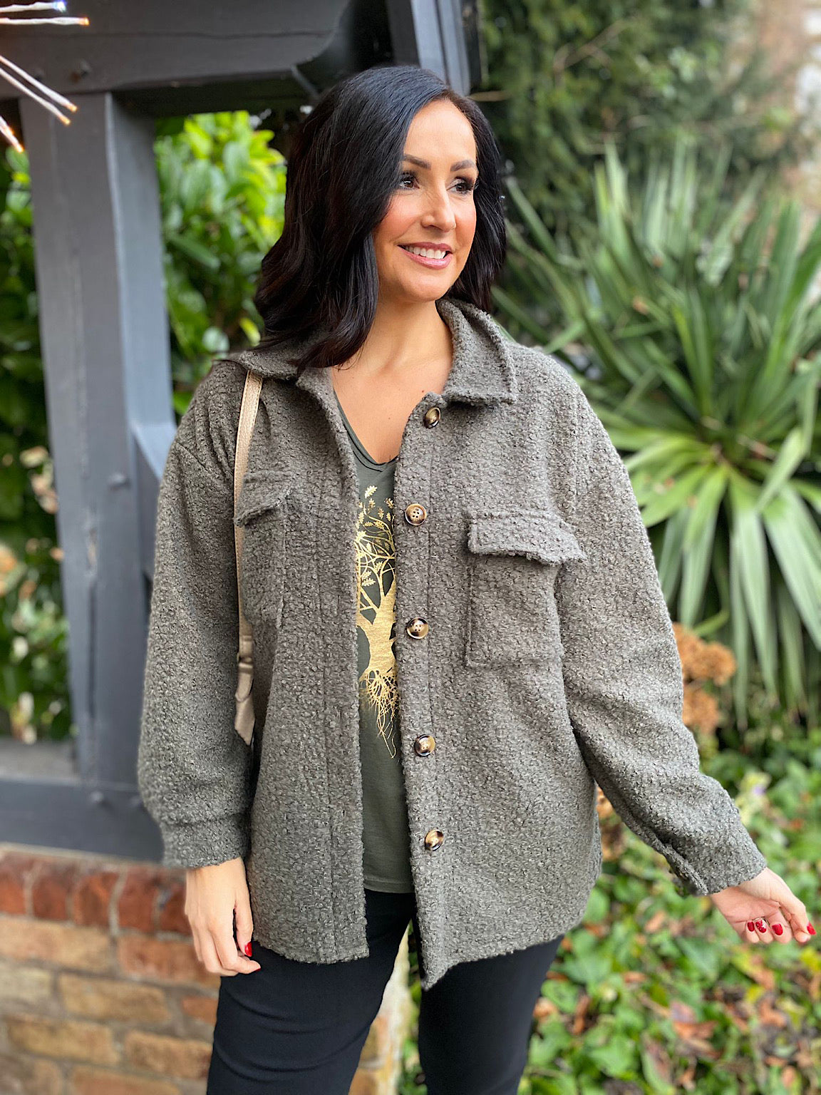 Khaki Boucle Double Pocket Jacket Sadie