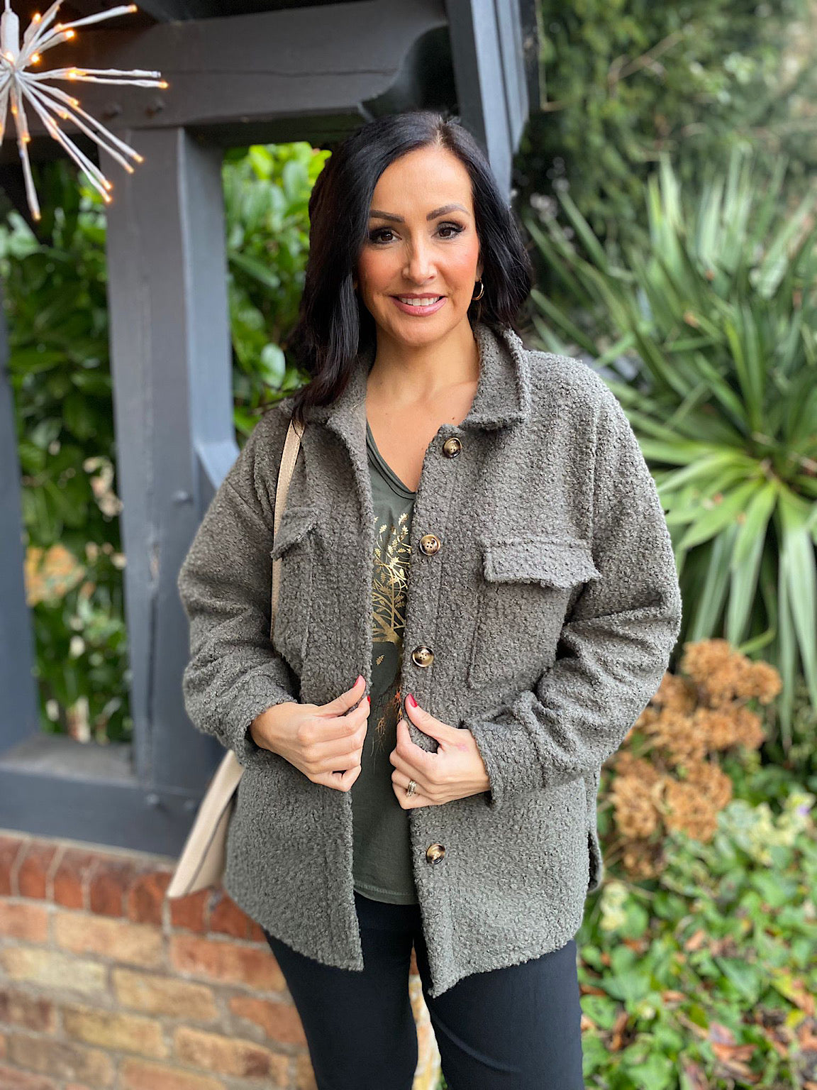 Khaki Boucle Double Pocket Jacket Sadie