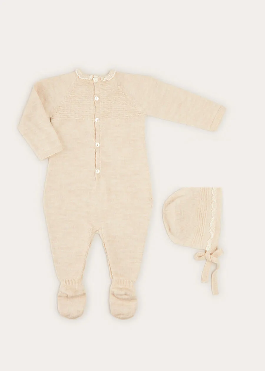 Knitted Lace Trim 2 Piece Set In Beige (1-6mths)