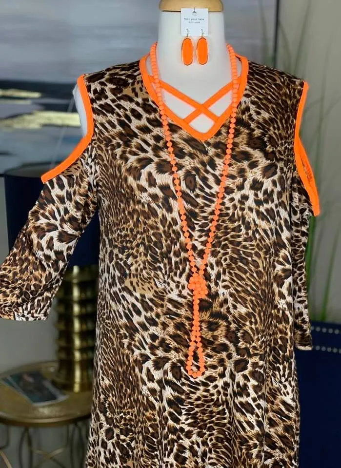 Leopard Flutter Tunic with Neon Orange Criss Cross Neck & Cold Shoulders