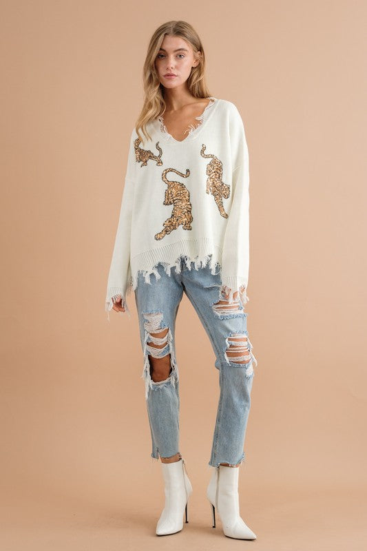 Let's Go Tigers Frayed Edge Sequin Tiger Sweater