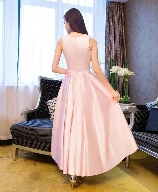 Light Pink Round Neckline High Low Simple Party Dress, Pink New Style Homecoming Dress