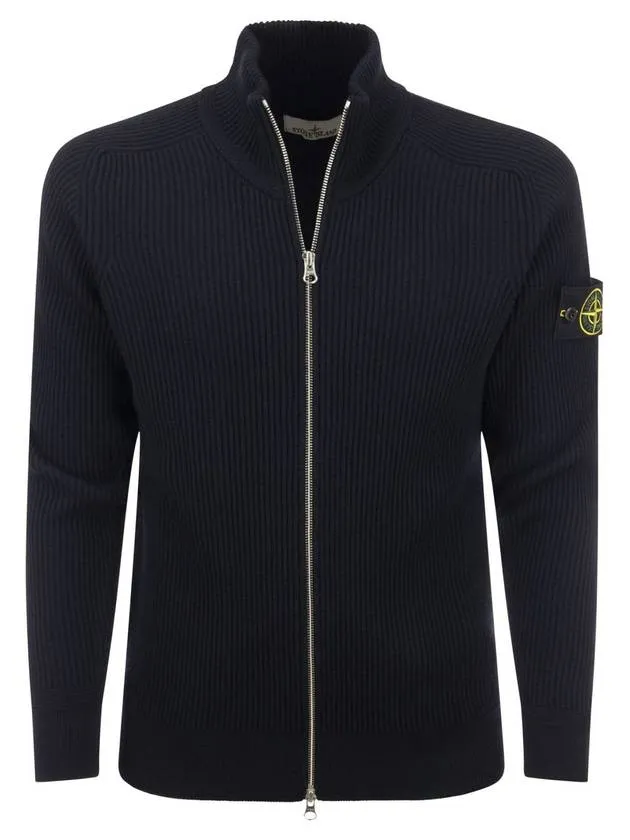 Logo Patch Wool Knit Zip up Jacket Navy