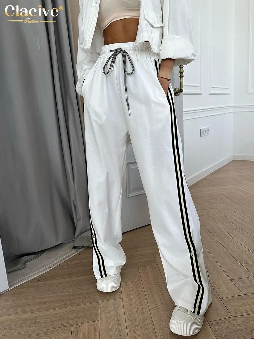 Loose White Women'S Pants 2023 Casual High Waist Full Length Pants Streetwear Elegant Spliced Straight Trousers