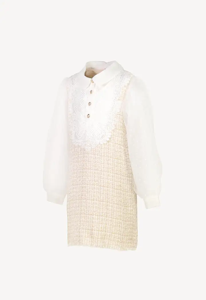 Lurex Tweed Lace Bib Balloon Long Sleeve Dress