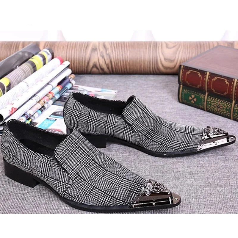 Men's Business Style Gray Genuine Leather Pointed Iron Toe Dress Shoes