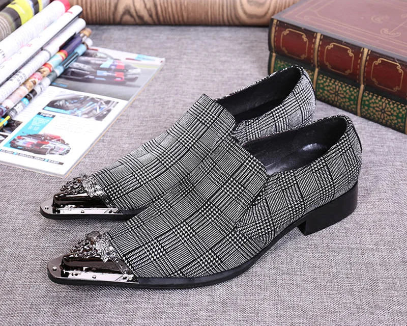 Men's Business Style Gray Genuine Leather Pointed Iron Toe Dress Shoes