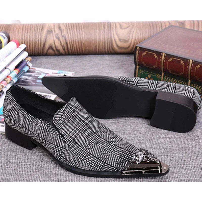 Men's Business Style Gray Genuine Leather Pointed Iron Toe Dress Shoes