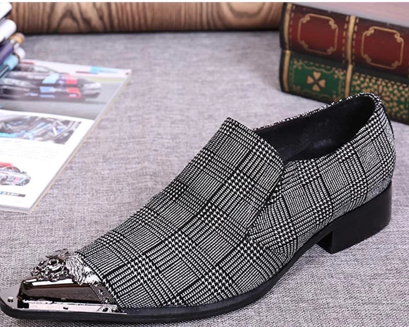 Men's Business Style Gray Genuine Leather Pointed Iron Toe Dress Shoes