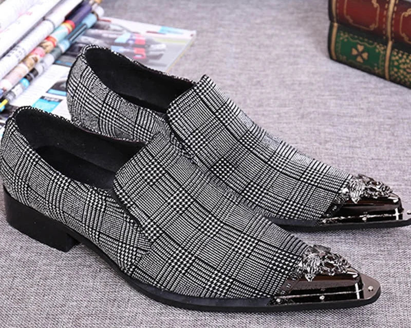 Men's Business Style Gray Genuine Leather Pointed Iron Toe Dress Shoes