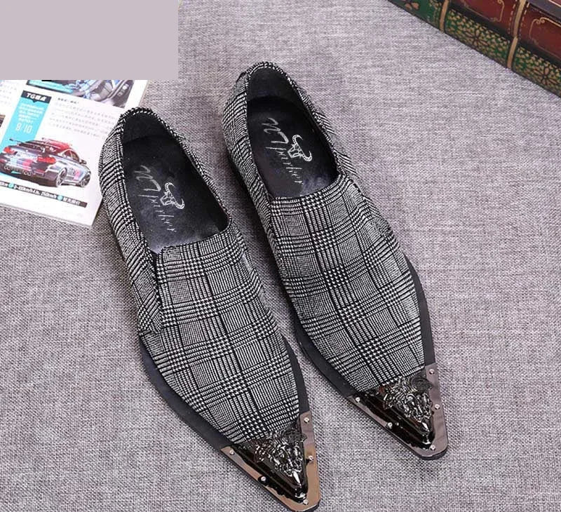 Men's Business Style Gray Genuine Leather Pointed Iron Toe Dress Shoes