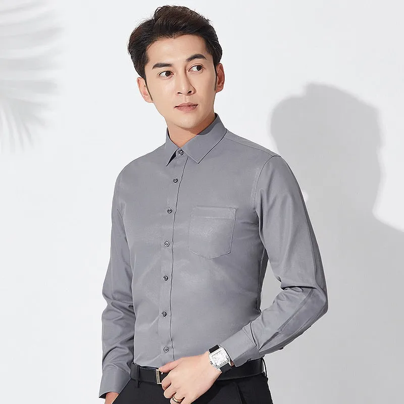 Men's Formal Single Patch Pocket Turn-down Collar Office Long Sleeve Shirt